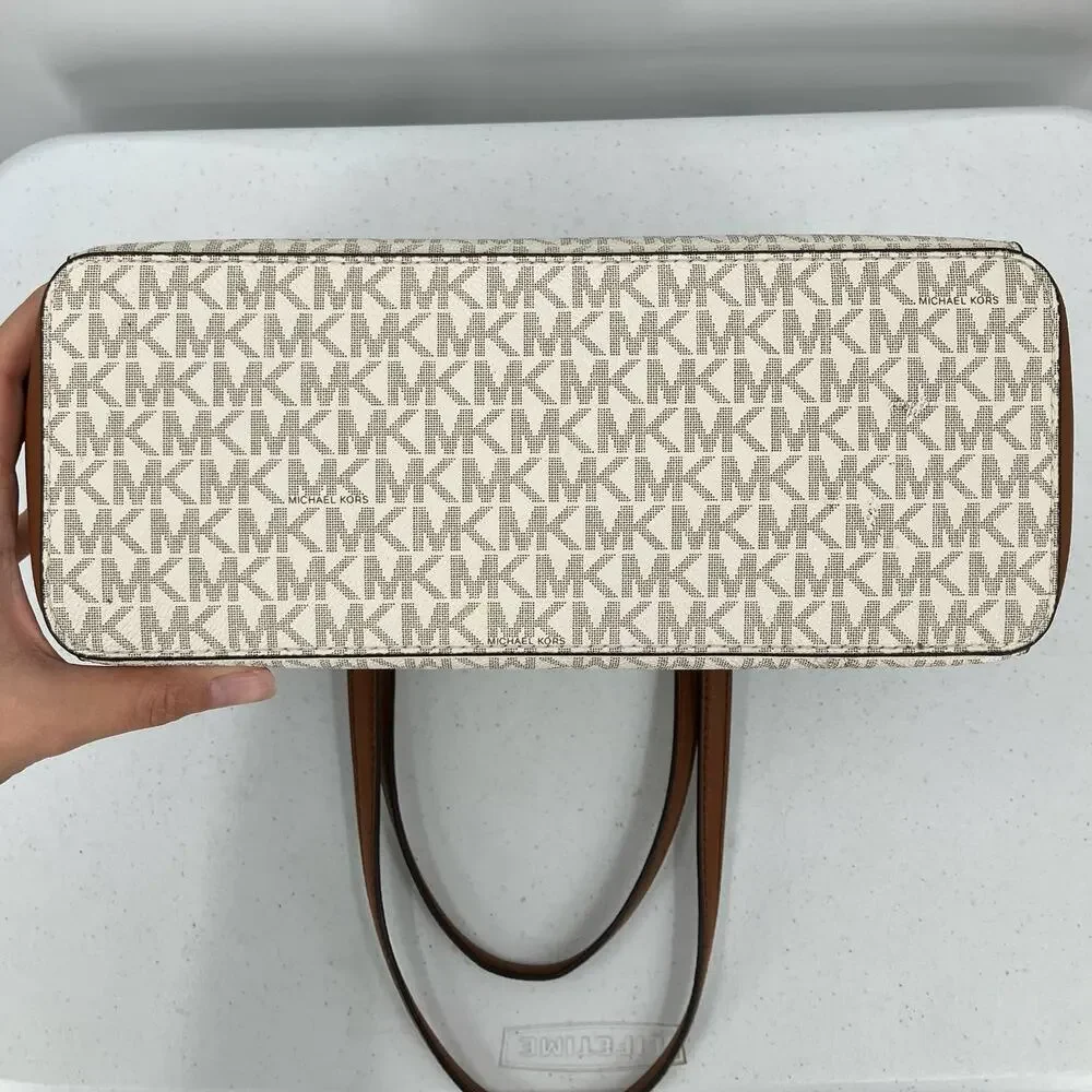 Michael Kors Cream Brown Vanilla Gold Monogram Charlotte Large TZ Tote Bag Purse